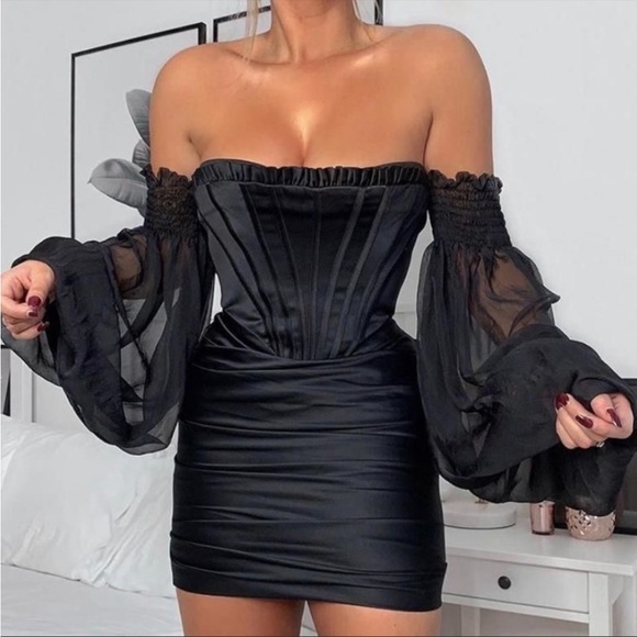 House of CB ‘Beau’ Black Satin and Chiffon Corset Dress NWT - Picture 1 of 14